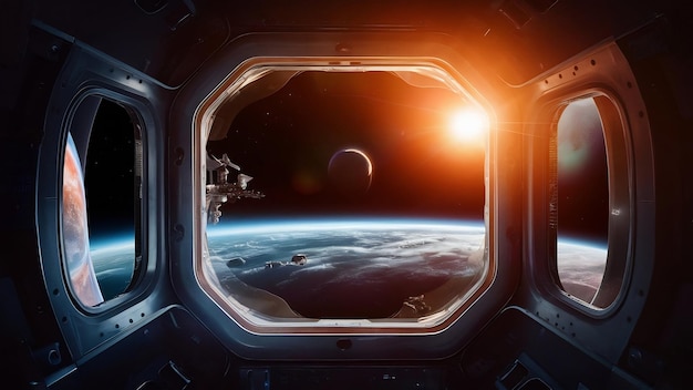 Window view of space and planets from a space station