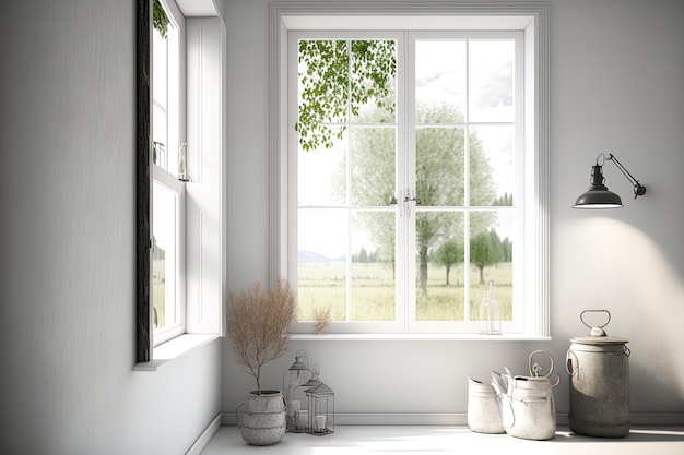Вид из окна на летнюю сцену в белой пустой комнате в скандинавском стиле в декорировании