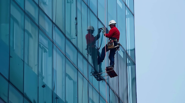 Photo a window washer in a red shirt and white hard hat rappels down the side of a skyscraper