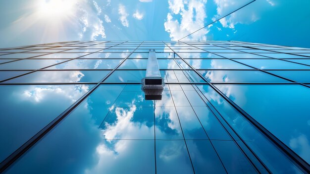 Foto gli strumenti di window washer39 si riflettono nella superficie di vetro dell'edificio highrise sotto un paesaggio celeste luminoso