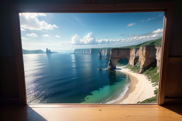 Foto una finestra in una finestra con vista sulle scogliere e sull'oceano.