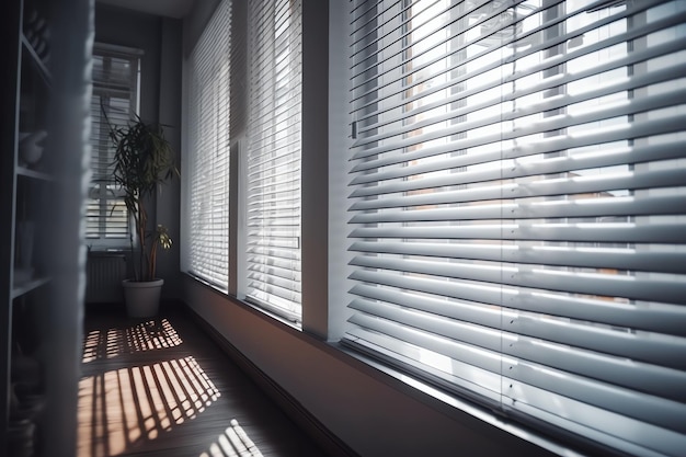 A window with blinds on it and a plant in the corner