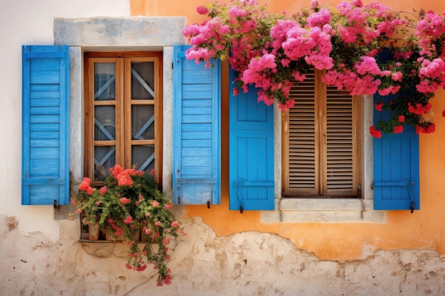 a window with a blue shutter and a window with flowers on it.