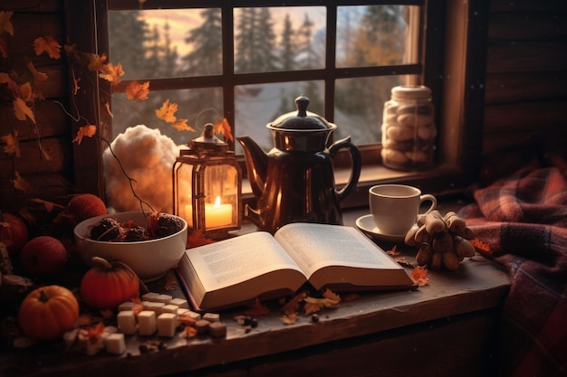 A window with a book, a cup of tea, and a candle.