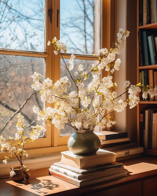 A window with a book on it that says " spring " on it.