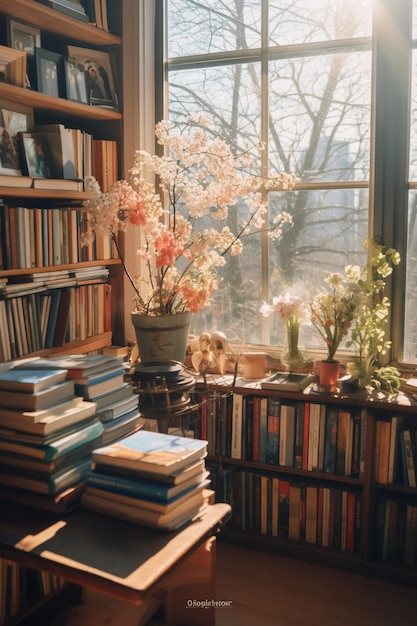 Окно с книжным шкафом и растением на нем