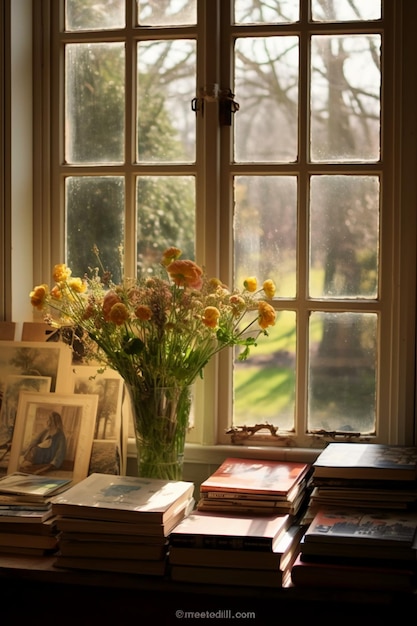 A window with a bunch of books on it and a vase of flowers on the table