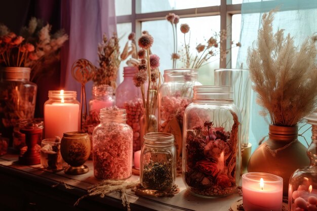 A window with a bunch of jars of flowers and a vase of flowers.