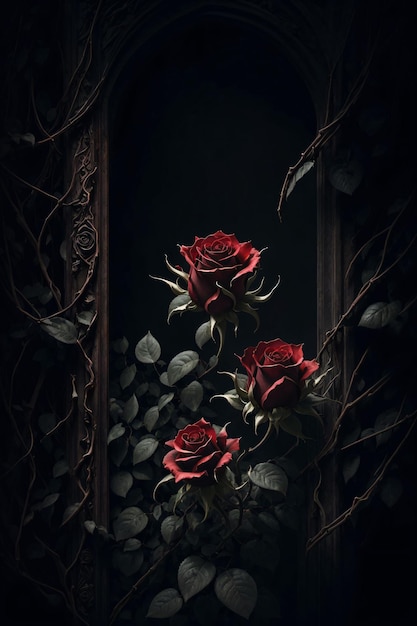 A window with a bunch of roses in it