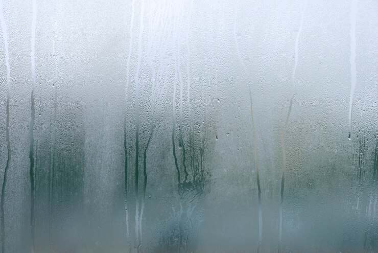 Photo window with condensate or steam after heavy rain, large texture or background