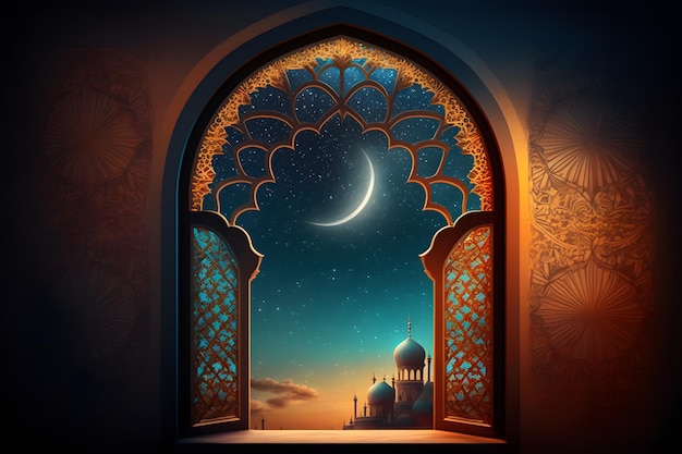 A window with a crescent moon and stars.