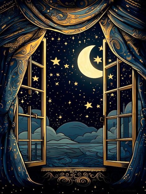 Window with curtains and moon in the night sky Vector illustration