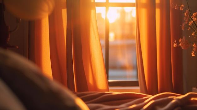 A window with curtains and a sunset in the background