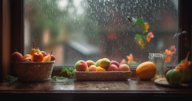 A window with fruits on it