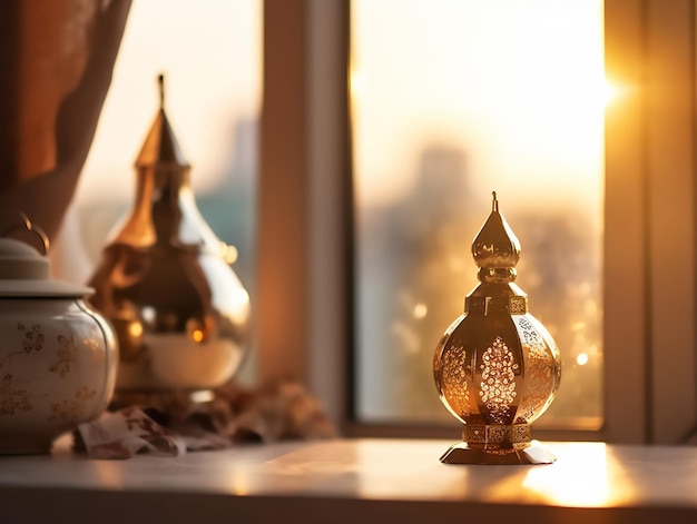 Window with a golden lamp on the table