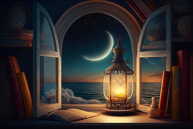 A window with a lantern and a half moon on the horizon.