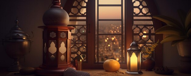 A window with a lantern and oranges on it