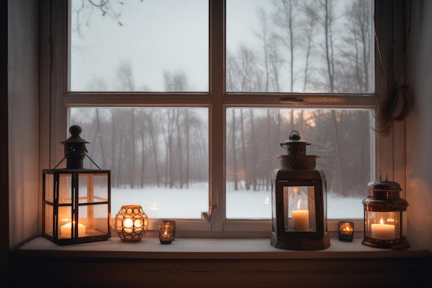 Window with lanterns and view of snowy winter landscape
