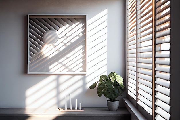 ルーバーシェードを備えた窓と太陽の光が差し込み、暖かく居心地の良い雰囲気を作り出します