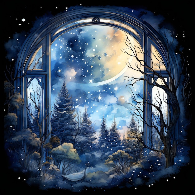 a window with a moon and snow covered trees.