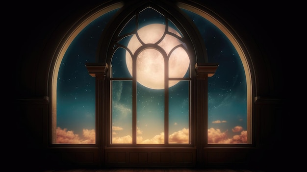 A window with a moon and stars in the sky