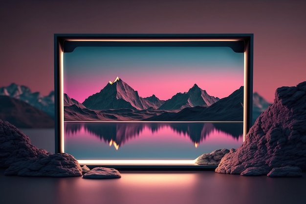 A window with a mountain landscape in the background