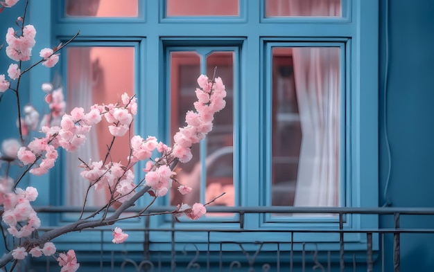 A window with pink flowers in front of a blue window