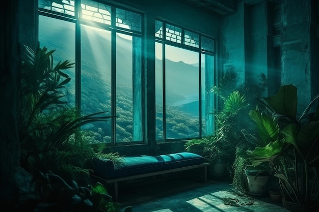 A window with plants and a bench in front of a mountain.