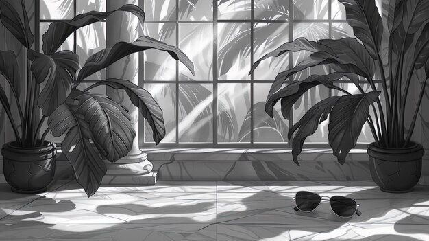 Photo a window with plants in black and white