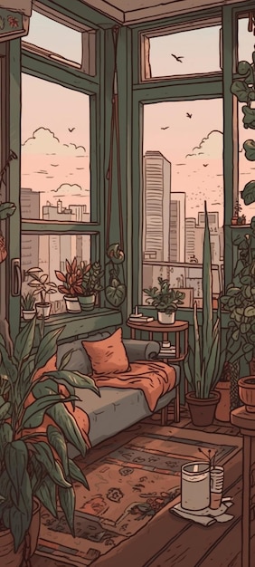 A window with plants and a couch with a pillow on it.