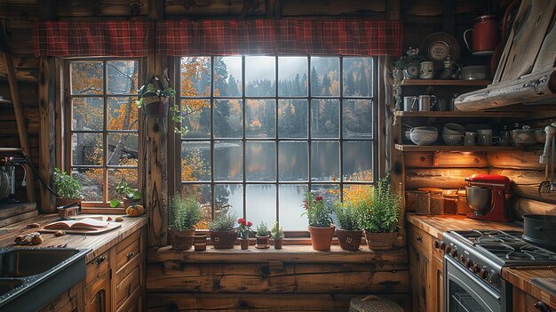 Photo a window with plants on the window sill and a view of a lake