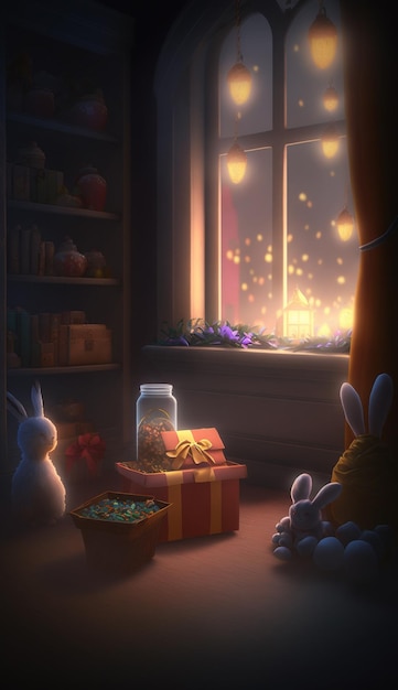 A window with a rabbit and a box of gifts on it