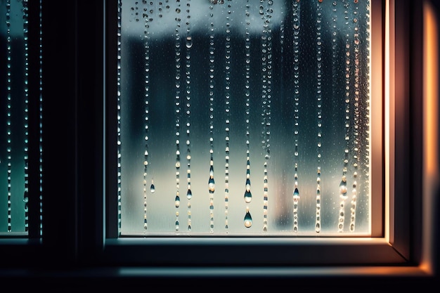 Window with rain drops on it and a city street