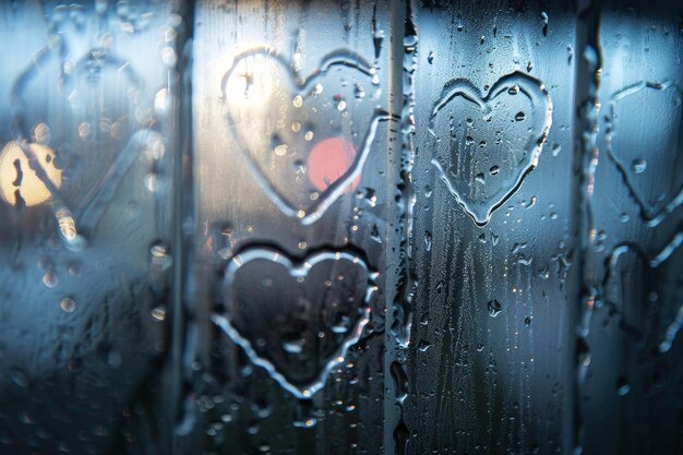 Photo a window with raindrops and hearts drawn on it