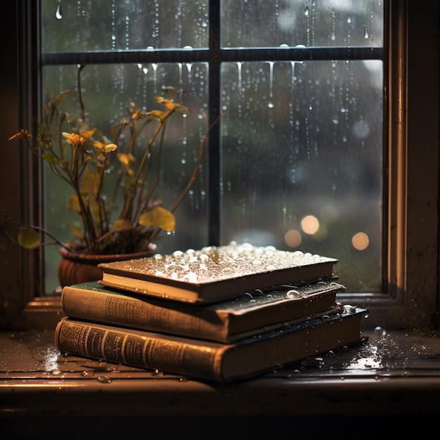 window with raindrops and imaginative view books on table book day theme world book day