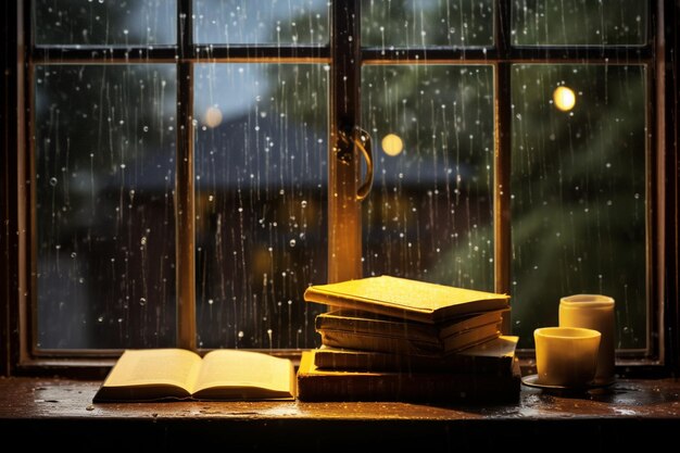 Window with rains and an interesting view books on the table world book day design