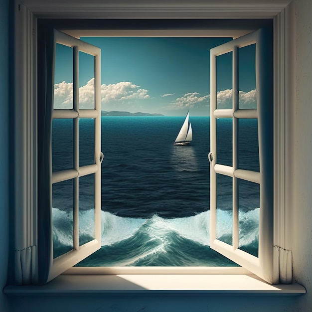 A window with a sailboat on the water