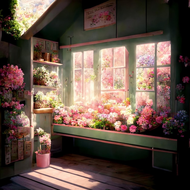 A window with a sign that says " i love flowers " on it.