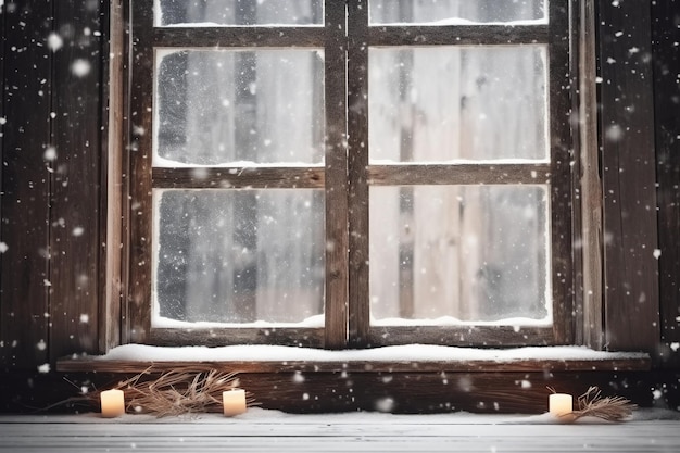 雪に覆われた窓とキャンドル。