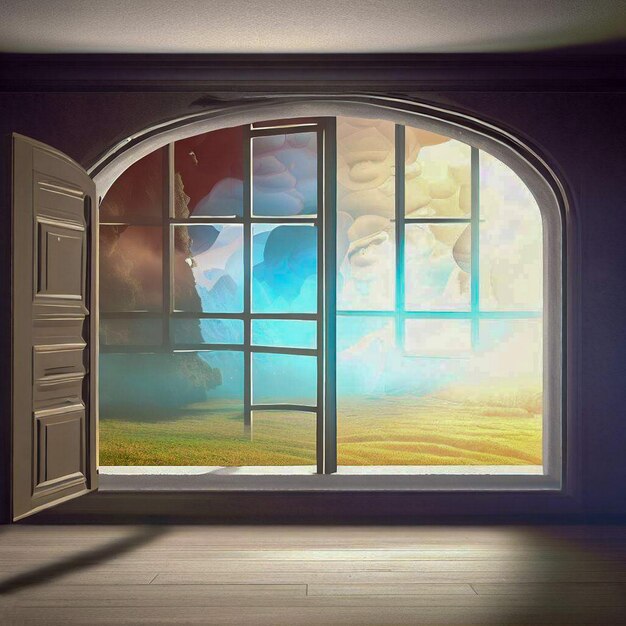 Window with surreal and magical landscape view