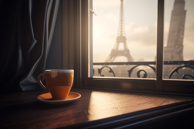 a window with a table next to it and a cup of coffee sitting there