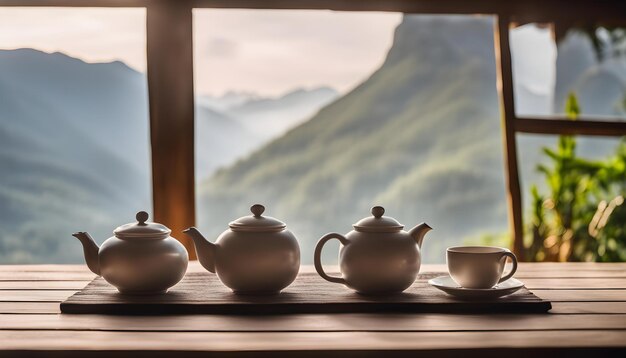 Photo a window with a teapot and teapots on a window sill