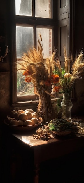 A window with a vase of flowers and a basket of eggs.