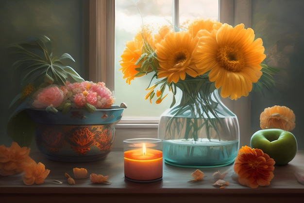 A window with a vase of flowers and a candle with a lit candle.
