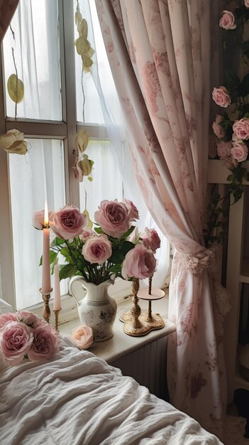 A window with a vase of flowers on it