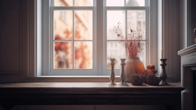 A window with a vase and a vase with flowers on it