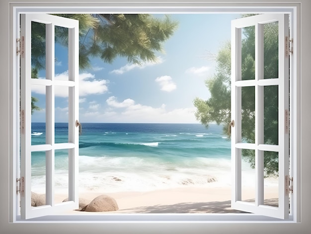 A window with a view of the beach and the ocean.