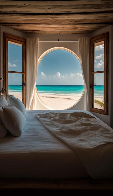 A window with a view of the beach and the ocean.