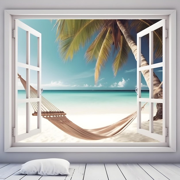 A window with a view of a beach and palm trees