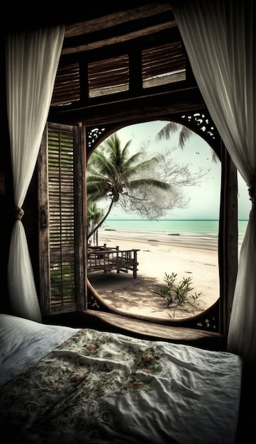 A window with a view of the beach